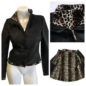 Skea Vail Colorado Vegan Leather Jacket Animal Print Faux Fur Trim Womens 4 LkNw